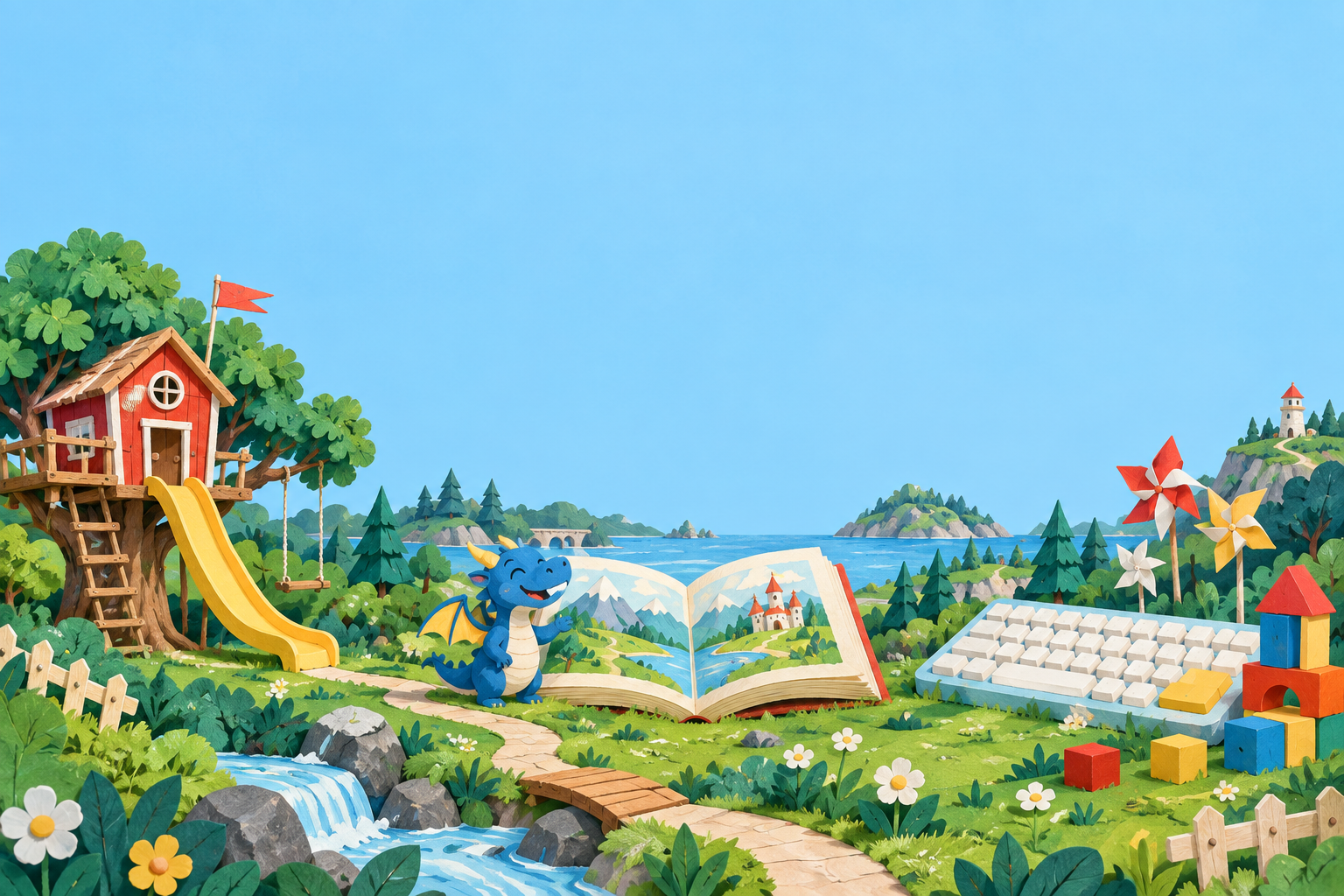A storybook world with a treehouse, a friendly dragon, an open book and a giant keyboard.