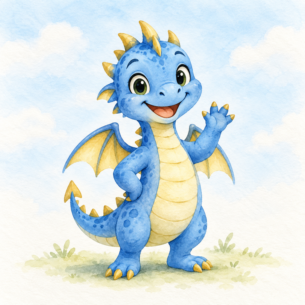 A cheerful dragon ready for a story.
